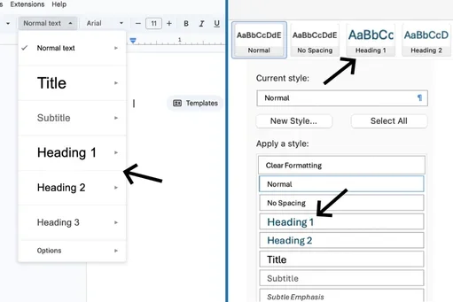Screenshots of a word processing toolbars showing four style buttons labeled Normal, No Spacing, Heading 1, and Heading 2, each represented by a sample ‘AaBbCcDdE’ text preview, with Normal currently selected.